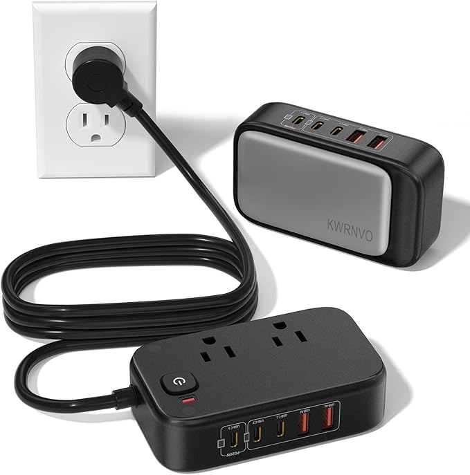 Portable Travel Power Strip 7-in-1 with PD20W Fast Charging 5 USB Ports 2500W AC Outlets 5FT Flat Plug Extension Cord for Home Office Travel