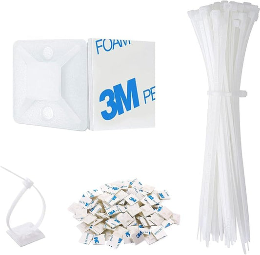 Strong Back-Glue Self Adhesive Cable Zip Tie Mounts Kit - 50 Set Cable Management Clips with 6" Zip Ties, Wire Holders - Outdoor Sticky Wire Organizer Clips-Black (50 Set, White)