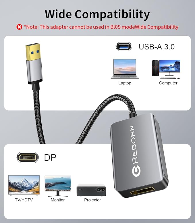 Reborn USB 3.0 to DisplayPort Adapter, 1080P@60Hz USB 3.0 Male to DisplayPort Female Multi-Display Cable Converter Suitable for MAC OS, Windows 7/8/10/11