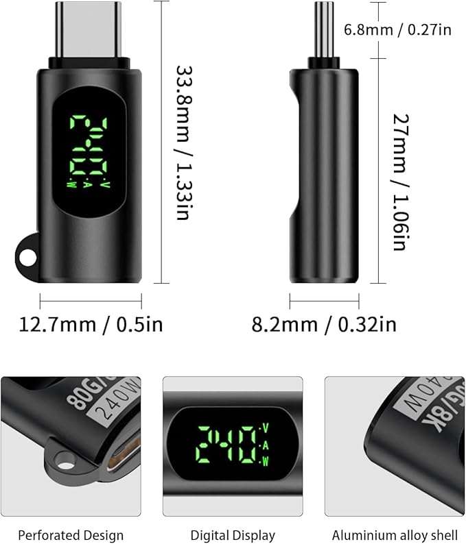 Duttek 80Gbps USB C Adapter with Digital Display, Thunderbolt 4 Connector 240W, 8K@60Hz, USB C Watt Meter Display Adapter for iPhone 16/15 Series,Thunderbol5/4/3, Game Controller, Black (2-Pack)