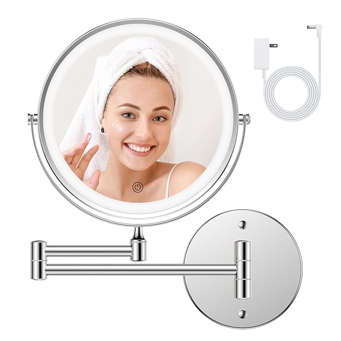 FASCINATE Rechargeable Wall Mounted Makeup Mirror with Lights and Magnification, 8 Inch Double Sided 1X 10X Magnifying Bathroom Mirror with 3 Color Lights & 360° Rotation Vanity Mirror - Chrome