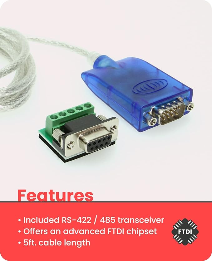 Gearmo USB to RS-485/422 Serial Adapter with FTDI Chipset, LED Indicators, 5ft Cable, ESD Protection, Supports Windows 11/10/8.1/8/7, Linux, MacOS X 10.6 and Above