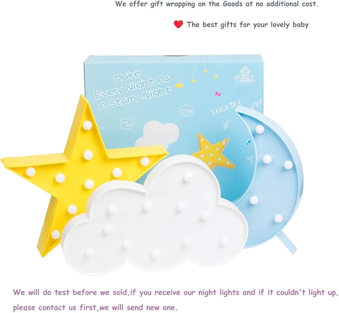 3PCS Decorative LED Crescent Moon Cloud and Star Night Lights Lamps Marquee Signs Letters for Baby Nursery Decorations Gifts for Children (Moon Cloud and Star)