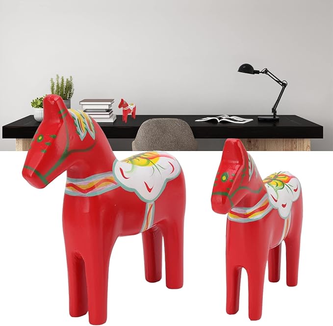 Asixxsix Red Scandinavian Wooden Dala Horse Figurines, Set of 2, Cultural Christmas Decoration Gift