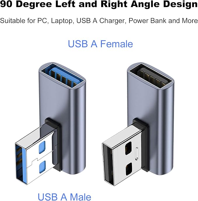 AreMe 90 Degree USB 3.1 Adapter 2 Pack, Left and Right Angle USB A Male to Female Converter Extender for PC, Laptop, USB A Charger, Power Bank and More