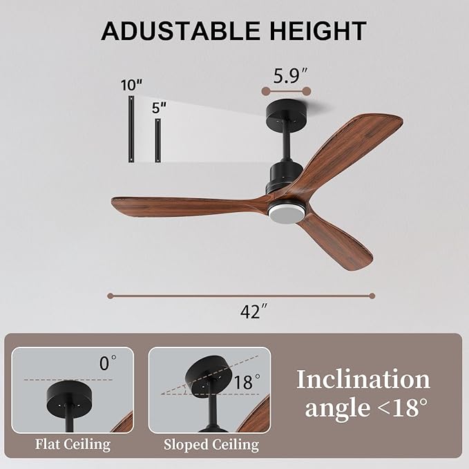 Obabala 42inch Ceiling Fans with Lights and Remote 3 Wood Blades Outdoor Ceiling Fans Noiseless Reversible DC Motor Modern Ceiling Fan for Patios Indoor Outdoor (Walnut, 42IN)