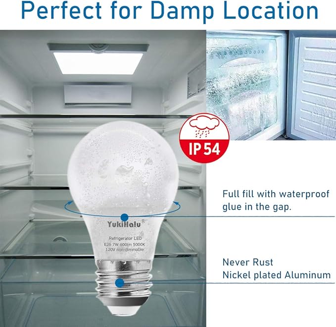 YukiHalu LED Refrigerator Light Bulb 60W Equivalent A15 Appliance Fridge Bulbs, Waterproof 600 Lumen 7W 120V Daylight 5000K E26 Medium Base, Small Size Bulb for Damp Location, Not-Dim, 2-Pack