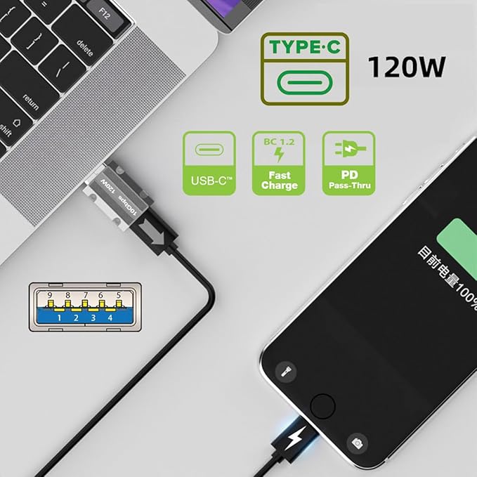 CY USB-C USB 3.1 Type C Female to USB 3.0 A Male 10Gbps Data 120W Power Adapter Alloy Shell for Laptop Tablet Phone