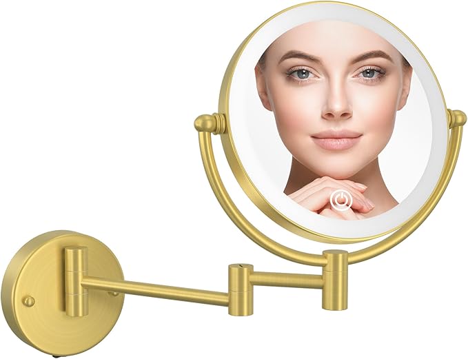 Rechargeable Wall Mounted Lighted Makeup Mirror with Magnification Gold, 8 Inch 1X/10X Magnifying Two Sided Led with Lights, 360 Swivel Extendable Shaving Mirror for Bathroom, Brushed Gold