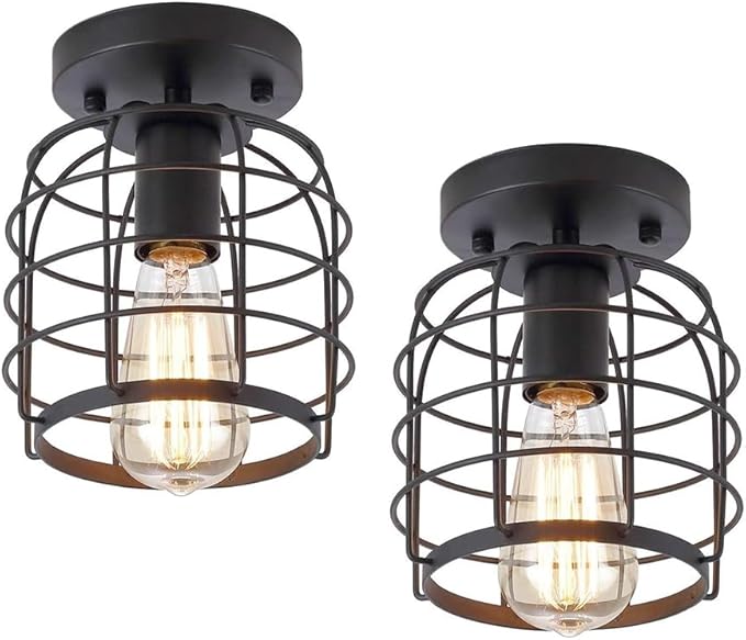 Create For Life® Industrial Vintage Flush Mount Ceiling Light,Rustic Metal Cage Semi Flush Mount Ceiling Lamp Fixture for Hallway Stairway Kitchen Garage, E26, Black Finish,2 Pack
