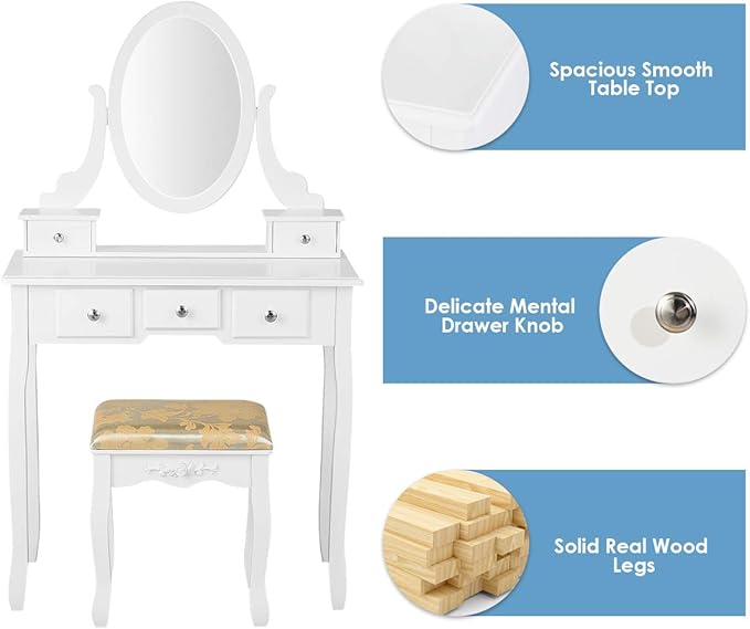 CHARMAID Vanity Table Set with Rotatable Oval Mirror, Bedroom Makeup Table with 5 Drawers for Women Girls, Dressing Table with Cushioned Stool (White)