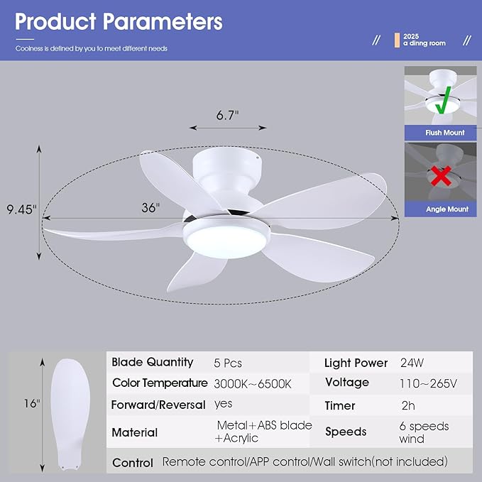 36 Inch Modern Ceiling Fans with Lights, Small Flush Mount Ceiling Fan with Light and Remote/APP Control, 5 Reversible 6 Speeds Curved Blades, 3 CCT Dimmable Lights for Bedroom, White