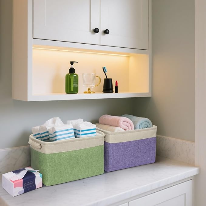 BALEINE 2 Pack Fabric Storage Bins for Shelves, Linen Storage Baskets for Organizing, Decorative Closet Bins for Clothes, Home (Brown, 12"x8"x8")