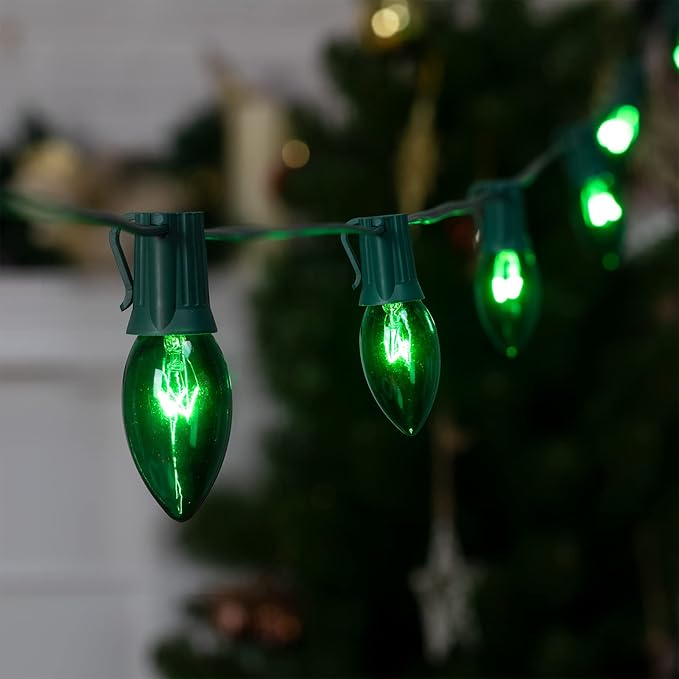 C9 Christmas String Light Green, 25ft Vintage Christmas Tree Lights, Outdoor Roofline String Lights with 25+2 Green Bulbs for Patio Garden Holiday Indoor Home Xmas Decoration, Green Wire