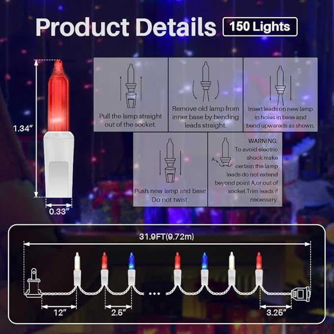 LAMPHOME 31.9FT 150-Count Red White and Blue Mini Lights,4th of July Patriotic String Light White Wire, Independence Day Lights for Indoor Outdoor Christmas Party Decor,Red White Blue
