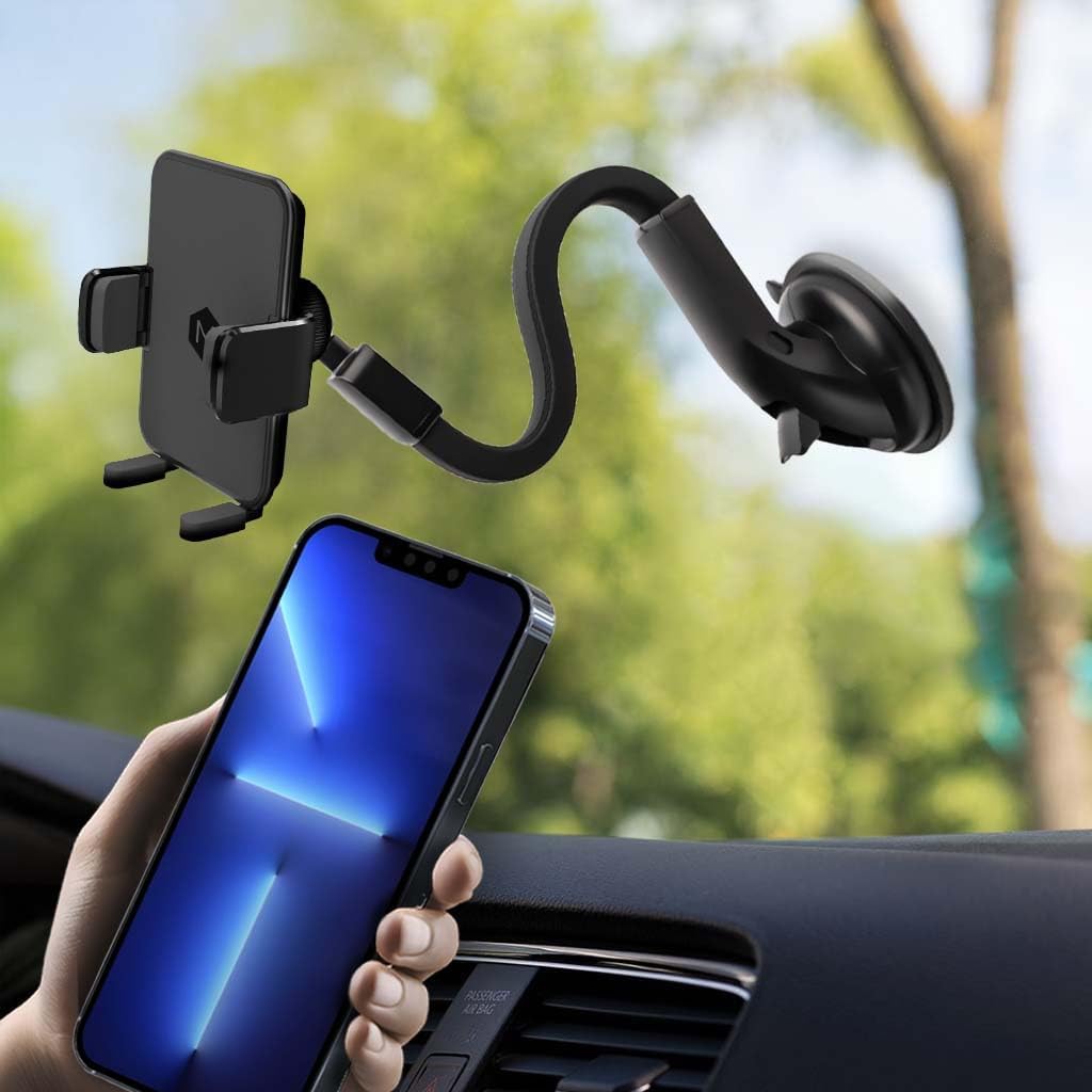 Phone Holder for Car Dash & Windshield, Flexible Gooseneck Phone Mount with Cradle Feet & Adjustable Holder Grips,