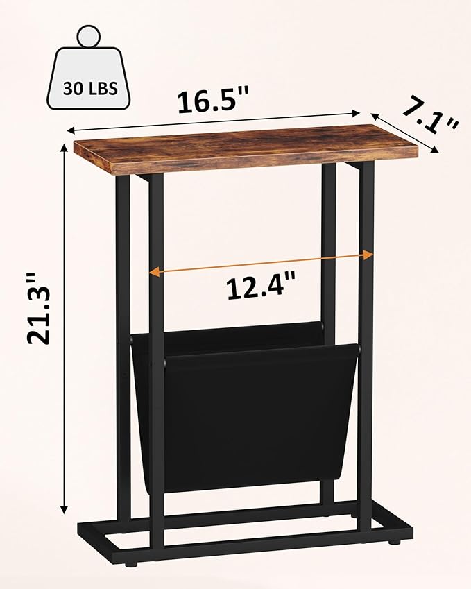 Yusong Narrow Side Table for Small Spaces, Small End Table Set of 2 with Magazine Holder, Skinny Slim Little Thin Table for Living Room, Bedroom, Sofa, Rustic Brown
