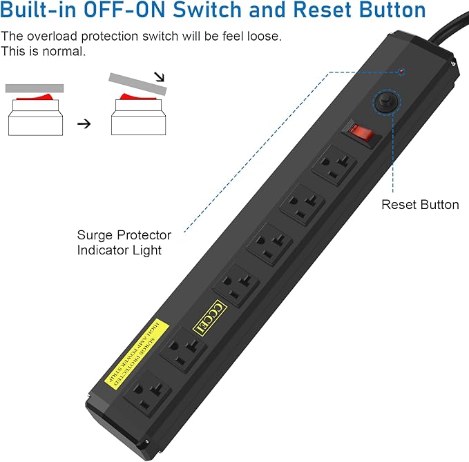 CCCEI Heavy Duty Power Strip Surge Protector 20 Amp, High Amp Industrial Shop Garage Metal Multiple Outlets, 4 FT 12 Gauge 5-15P Extension Cord 6 Outlet 6-20R T-Slot 20a for Appliance. Black.