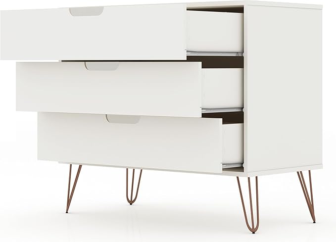 Manhattan Comfort Rockefeller 3 Drawer Dresser for Bedroom Storage, Nursery, Closet, Living Room, Entryway, TV Stand for Screens up to 32 Inches, Anti-Tip Kit Included, Set of 1, White