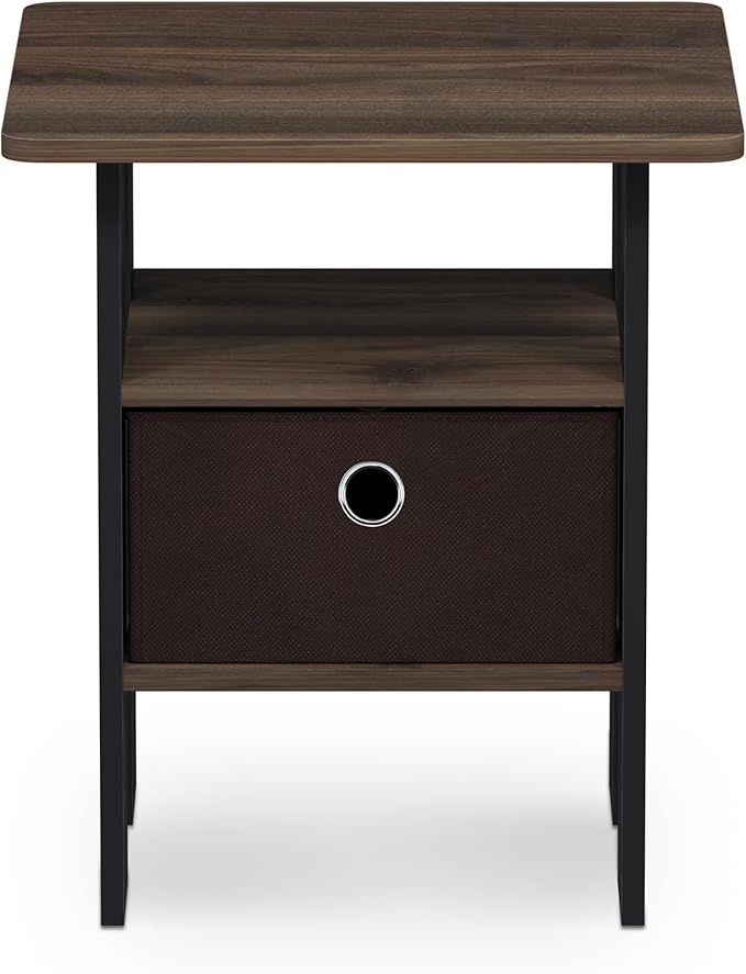 Furinno ANDREY Side Table, End Table, Night Stand with Open Shelves and Storage Bin, Bedside Table, for Living Room, Bedroom, Columbia Walnut