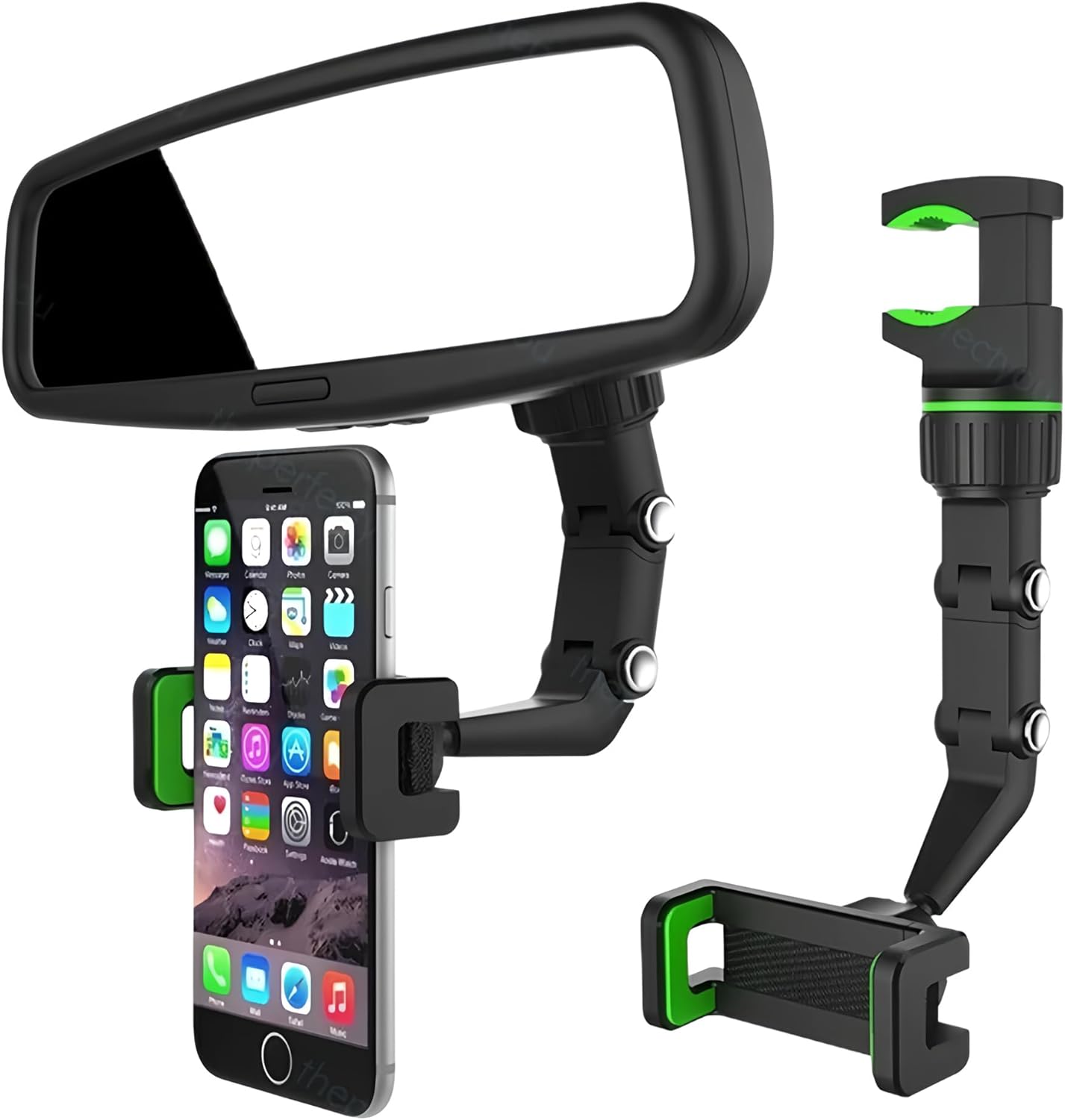 JacobsParts Rearview Mirror Phone Holder, Rotatable and Retractable Mount for iPhone and Samsung, Universally Compatible