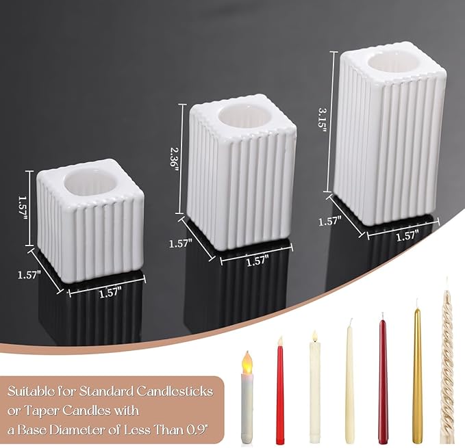 LETINE 12pcs White Vertical Stripe Glass Candlestick Holders - Modern Farmhouse Taper Candle Sticks Holder Set for Elegant Dining & Home Decor,Ideal Candle Holders for Wall, Living Room Decor