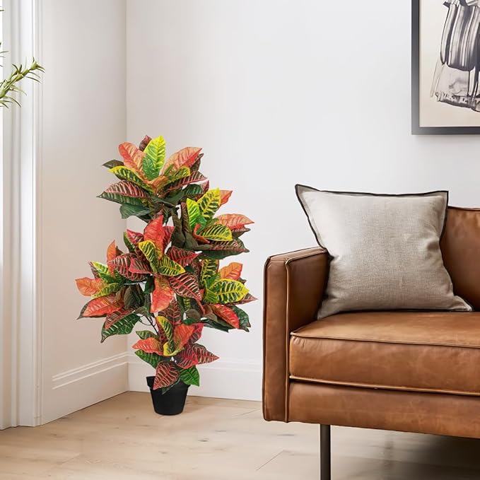 Briful 3.4ft Artificial Croton Tree Fall Decor, Faux Croton Tree with Colorful Variegated Leaves and Pot, Indoor & Outdoor Floor Plant, Home Farmhouse Decor