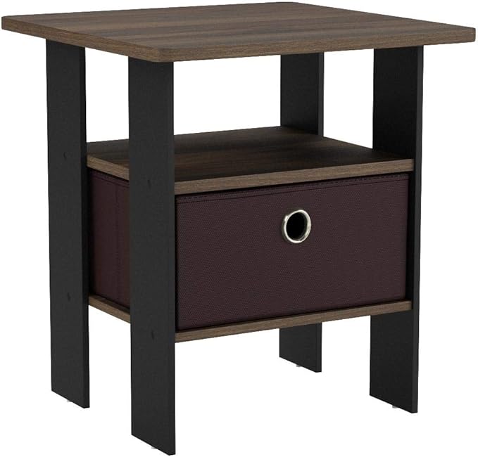 Furinno Andrey Set of 2 End Table / Side Table / Night Stand / Bedside Table with Bin Drawer, Columbia Walnut/Dark Brown