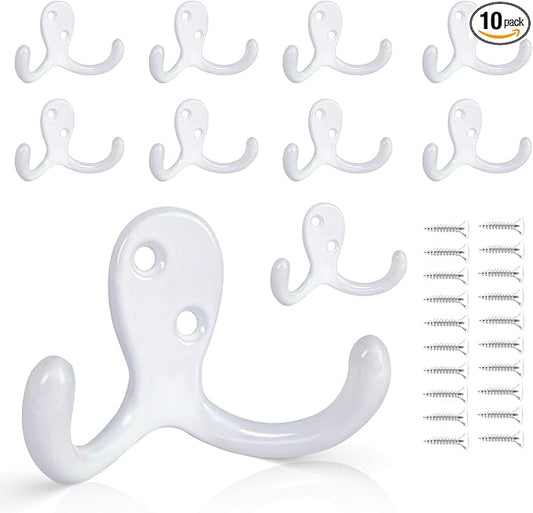 10 Pack Coat Hooks Wall Hooks for Hanging, Heavy Duty Double Prong Metal Hook Wall Mounted for Living Room, Bathroom, Kitchen, Bedroom for Coat, Bag, Scarf, Towel, Hat, Key, Cup (White)