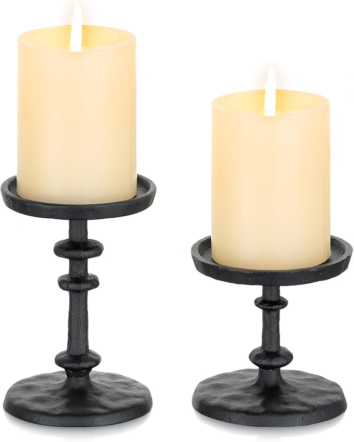 NUPTIO Pillar Candle Holder Black: Solid Cast Iron Candle Stand for 3 Inch Pillars - Vintage Sturdy Metal Candleholder for Halloween Christmas Fireplace Mantle Decor