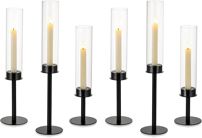 NUPTIO Hurricane Glass Candle Holders: 6 Pcs Black Metal Candlestick Tapered Holder with Clear Chimney Covers Bottomless Tall Modern Taper Candles Stick Cylinder Stand for Halloween Fireplace Decor