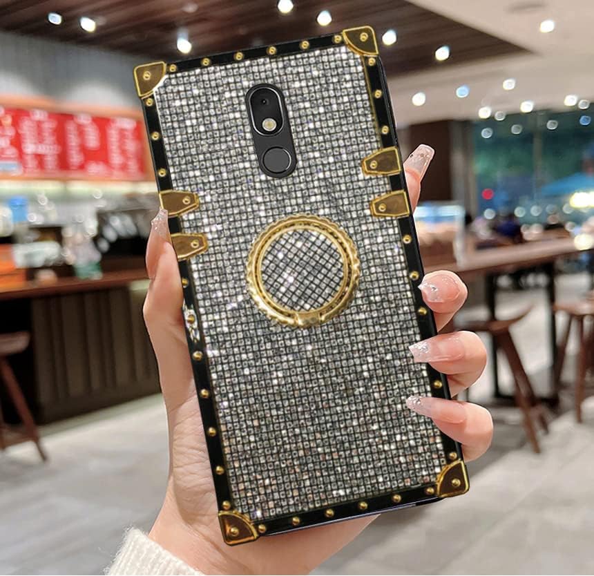 LG Stylo 5 Bling Case, White Luxury Glitter Soft TPU Trunk Cover with Finger Ring Grip Kickstand
