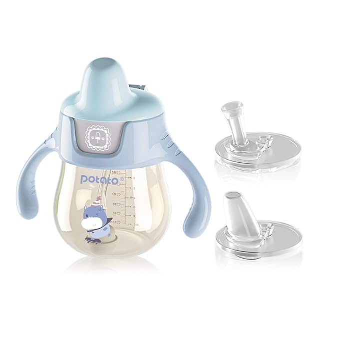 POTATO Sippy Cups For Toddlers with Straw Spill Proof, PPSU Learner Cup with Handle for Boy, Water Bottle for Baby 6 Months with 2 Type of Spout, 6 Ounce Blue