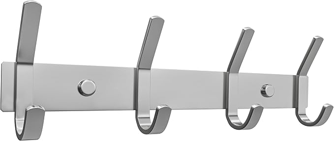 Coat Rack Wall Mount – Brushed Nickel 12 Inch Stainless Steel Hook Rail with 4 Heavy Duty Double Coat Hooks – Wall Mounted Coat Hanger for Entryway, Bathroom, Bedroom, Towel, Hat Organizer