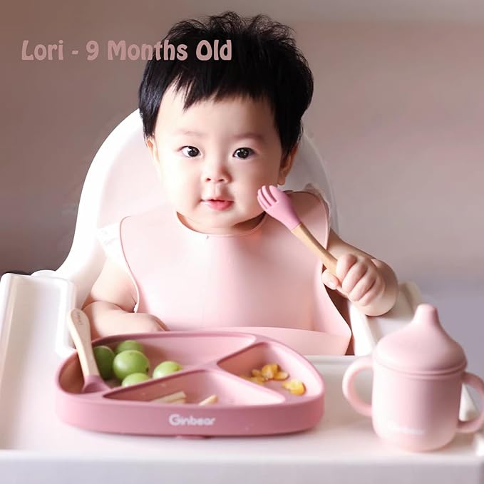 Ginbear Silicone Baby Spoons and Forks Self-feeding 12-18 Months, Soft-Tip Baby Flatware Sets for Girl, Toddler Feeding Utensils for Child, 4 Piece Set (Mauve/Pink)