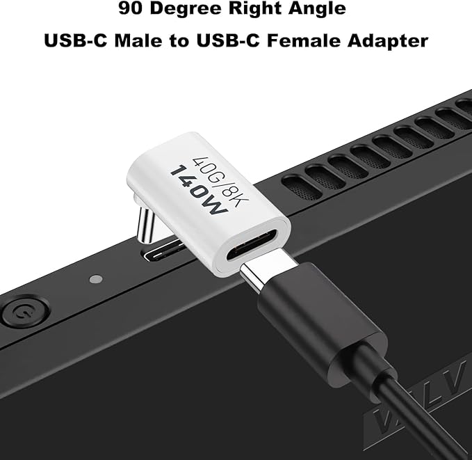AreMe 90 Degree USB-C Male to Female Adapter, 2 Pack Right Angle 140W Type-C Adapter Extender for Steam Deck, ROG Ally, Switch, Notebook Computers, Tablet and Mobile Phones (White,19.2*12.8*8.2MM)
