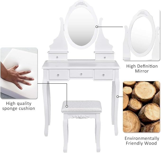 Giantex Vanity Set with Oval Mirror & Cushioned Stool, Makeup Dressing Table Large Storage with 5 Drawers, Mirrored Bedroom Vanities Makeup Table for Kids Girls Women, Easy Assembly (White)