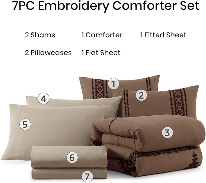 MaiRêve Embroidery King Size Comforter Set Brown, Boho Farmhouse Western Bedding Set 7 Pieces, All Season Bed in A Bag Comforter Set with Sheets, Pillowcases & Shams