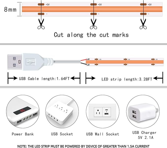 Short Led Strip Lights Pink 5V USB LED Lighting COB LED Strip Pink Flexible LED Tape Light Not Dimmable Small led, for Display Cabinet, Home DIY Lighting Room Decor TV Lights (3.28FT/1M)