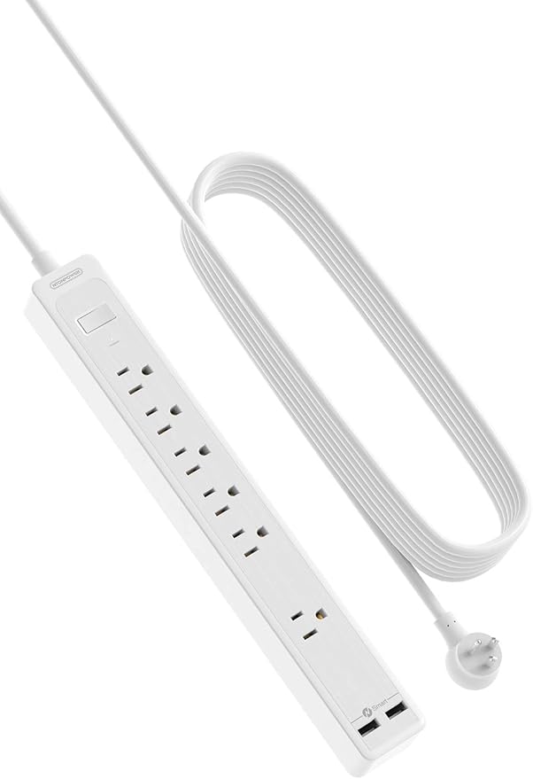 25ft Extension Cord Power Strip, 6 Outlets Surge Protector with 2 USB Ports, 15 A Circuit Breaker, Widely Spaced Outlet, Long Power Strip with Flat Plug Wall Mount for Home Office, Old House