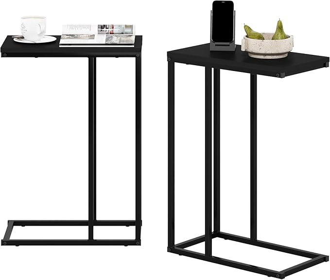 Furinno CAMNUS Side Table Set of 2, C-Shape Sofa End Table for Couch, Metal Frame Night Stand, Bedside Table, for Living Room, Bedroom, Americano