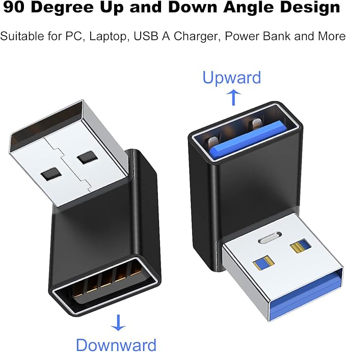 AreMe 90 Degree USB 3.0 Adapter 2 Pack, Up and Down Angle USB A Male to Female Converter Extender for PC, Laptop, USB A Charger, Power Bank and More (Black)