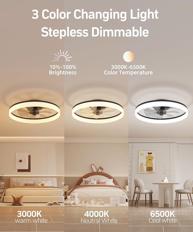 Smart Ceiling Fans with Light and Remote,20'' Low Profile Ceiling Fan with 6-Speed & Dimmable LED, Alexa/APP Home Voice Control, App, Reversible Airflow, App Timer, for Beedroom（Black）