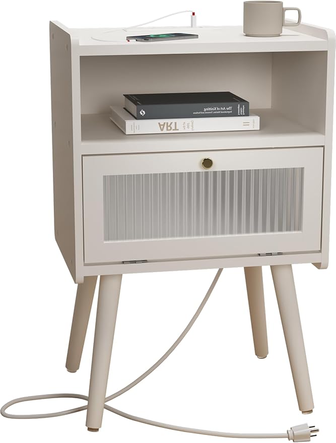 Mid Century Modern Nightstand with Charging Station, Bedside Tables with Glass Decorative Door, End Table Side Table with 2 Tiers Storage Space, for Bedroom, Living Room, White