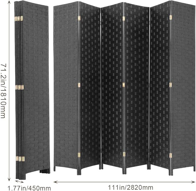 Room Divider Wood Screen 6 Panel Folding Portable Partition Screens Wooden Mesh Woven Design Room Screen Divider for Home Office (Black)