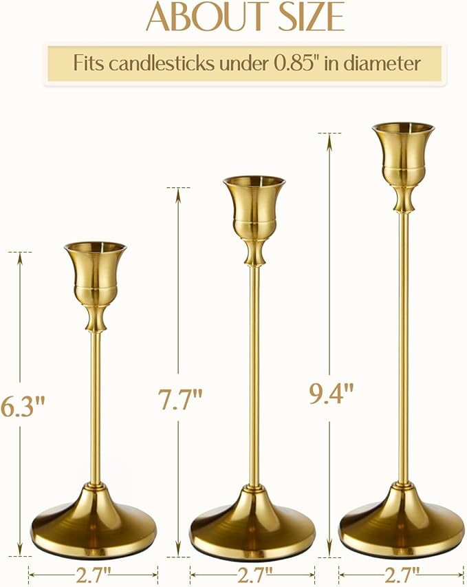 Gold Candlestick Holders, Taper Candle Holders, Set of 3 Brass Candle Holder Set, Vintage Table Centerpiece for Wedding Christmas Holiday