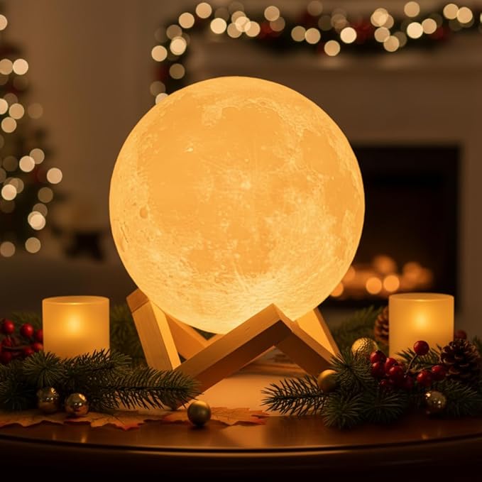 Mydethun Large Moon Lamp - 7.1" Large Thanksgiving & Christmas Table Décor, Gifts for Women and Mom, Touch-Dimmable Lamp with Wooden Base – Rechargeable Dual Color Night Light for Bedroom, Home