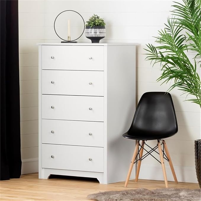 South Shore Vito Collection 5-Drawer Dresser, 16.88"D x 31.5"W x 48.75"H, Pure White with Matte Nickel Handles