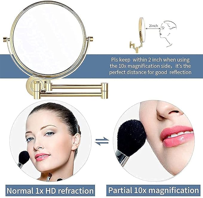 Vanity Mirror, Wall Mounted Makeup Mirror with 10X Magnification, 8 Inch Double Sided Vanity Magnifying Mirror, Cosmetic Mirror Shaving Mirror for Bathroom Gold