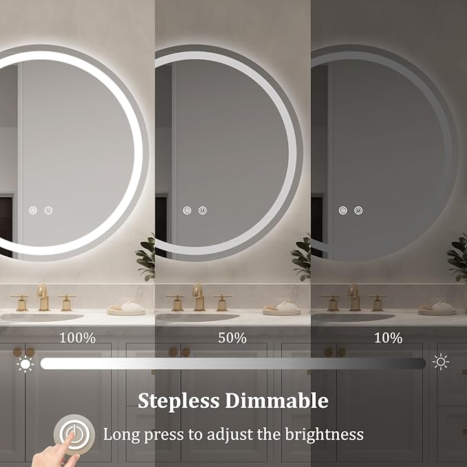 WallBeyond LED Bathroom Mirror with Lights, 28'' Round Light Up Bathroom Mirror for Wall with Front and Backlit, Anti Fog Led Mirror for Bathroom, 3 Colors and Dimmable Light